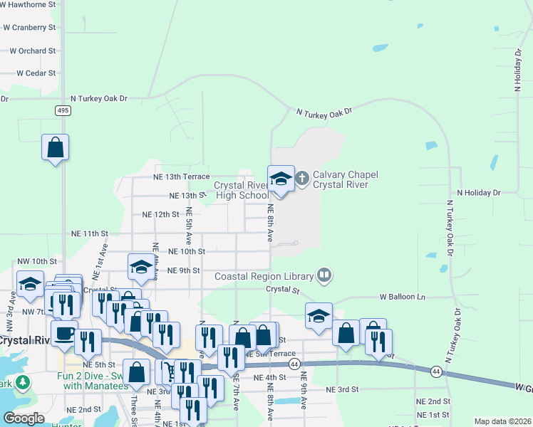 map of restaurants, bars, coffee shops, grocery stores, and more near 763 Northeast 12th Street in Crystal River