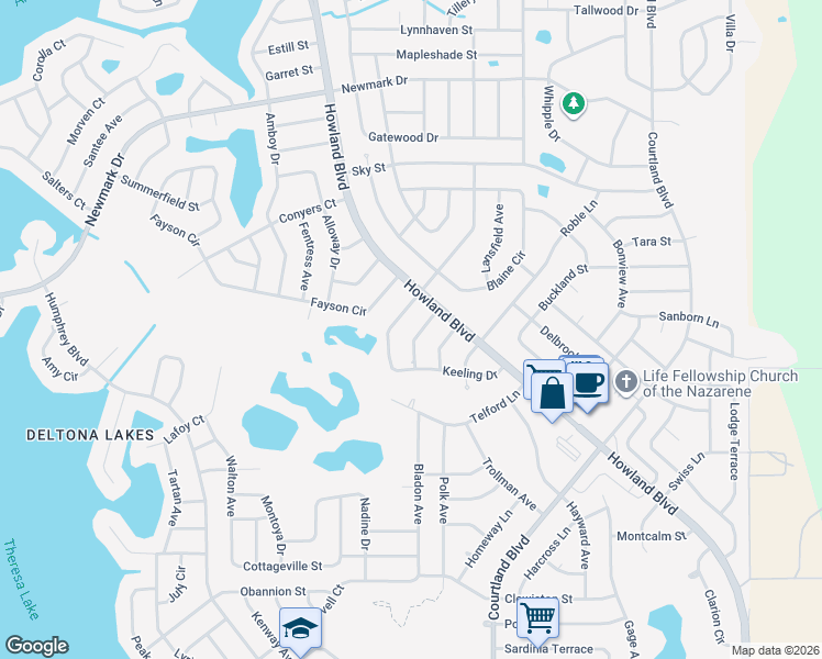 map of restaurants, bars, coffee shops, grocery stores, and more near 1509 Jupiter Avenue in Deltona