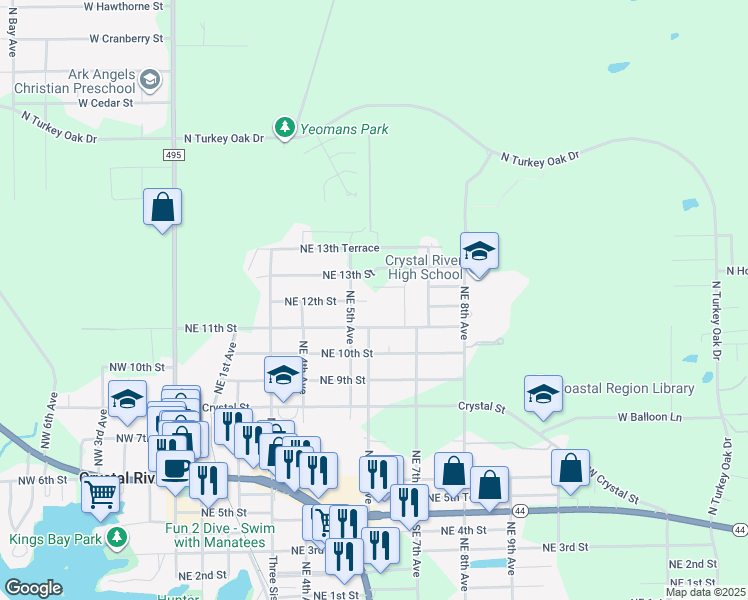 map of restaurants, bars, coffee shops, grocery stores, and more near 601 Northeast 12th Street in Crystal River