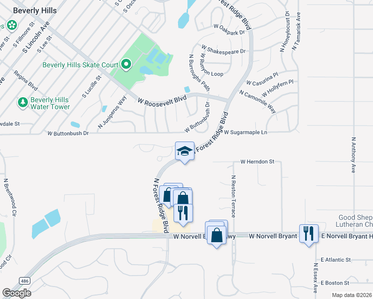 map of restaurants, bars, coffee shops, grocery stores, and more near 612 West Diamond Bird Loop in Hernando