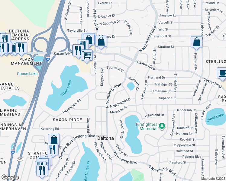 map of restaurants, bars, coffee shops, grocery stores, and more near 1533 North Normandy Boulevard in Deltona