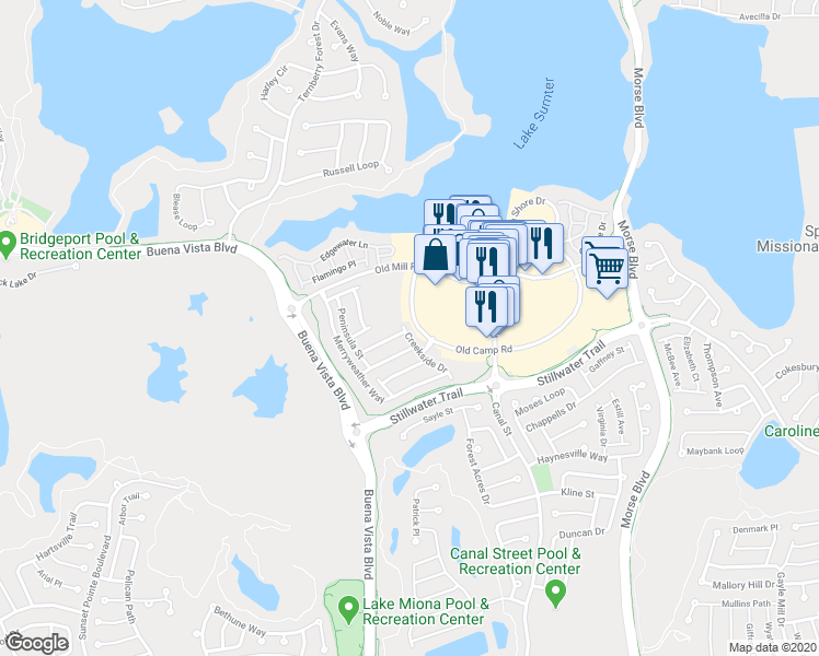 map of restaurants, bars, coffee shops, grocery stores, and more near 1109 Creekside Drive in The Villages