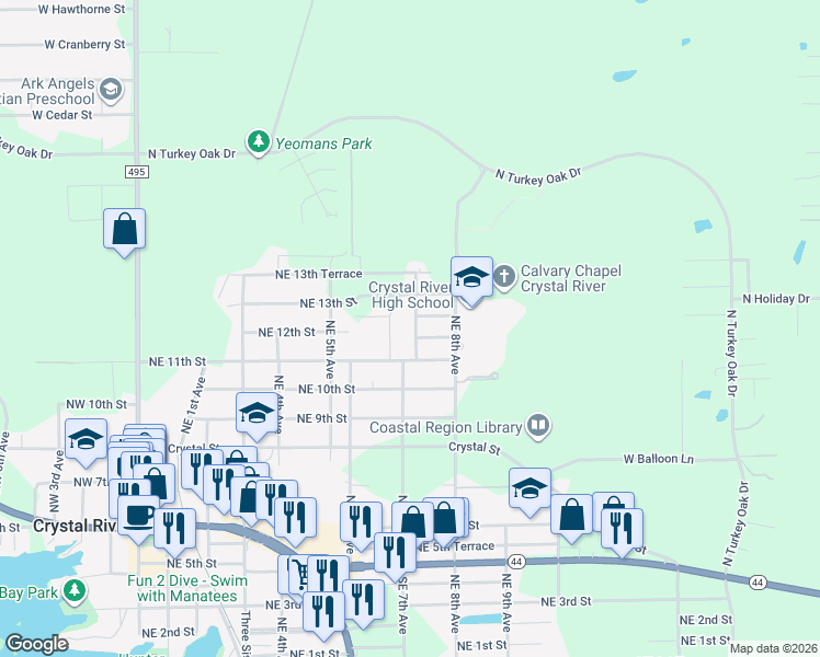 map of restaurants, bars, coffee shops, grocery stores, and more near 1206 Northeast 7th Avenue in Crystal River