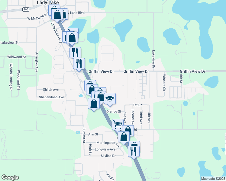 map of restaurants, bars, coffee shops, grocery stores, and more near 238 Oak Hill Road in Lady Lake