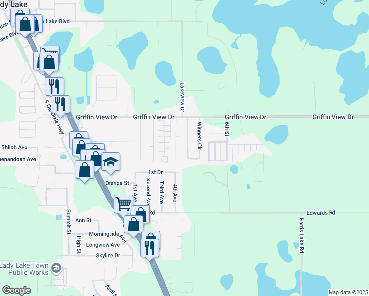 map of restaurants, bars, coffee shops, grocery stores, and more near 426 Winners Circle in Lady Lake