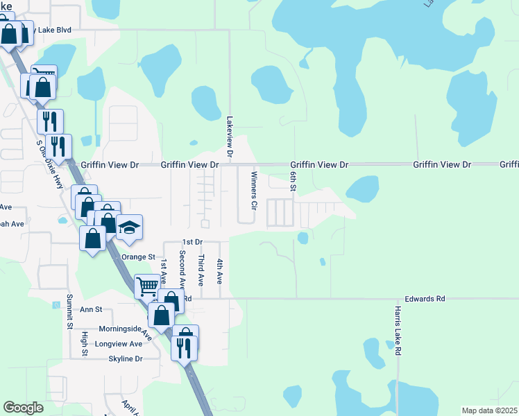 map of restaurants, bars, coffee shops, grocery stores, and more near 462 Winners Circle in Lady Lake