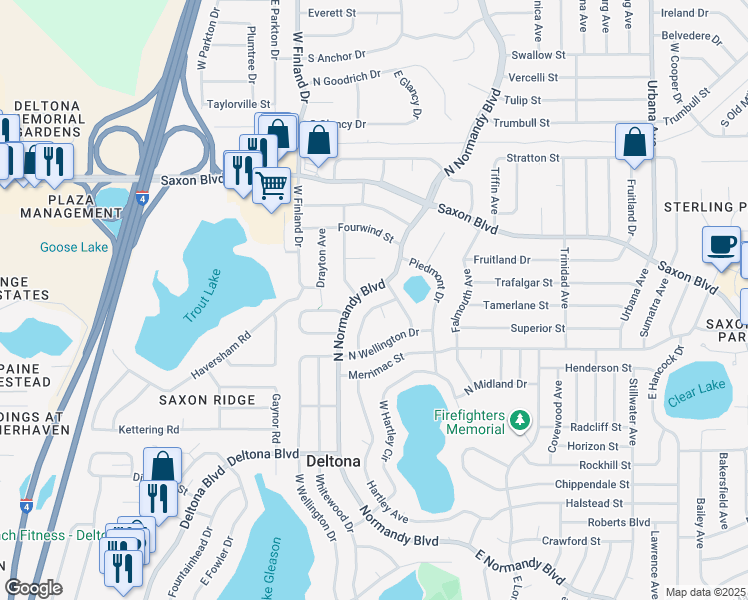 map of restaurants, bars, coffee shops, grocery stores, and more near 1533 North Normandy Boulevard in Deltona