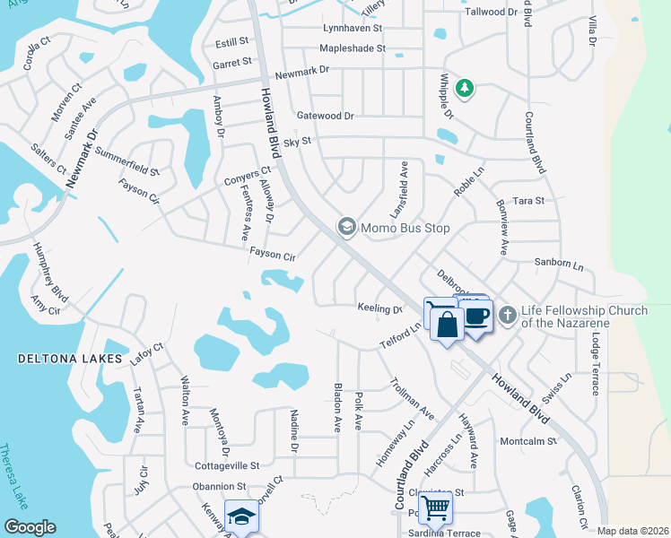map of restaurants, bars, coffee shops, grocery stores, and more near 1517 Jupiter Avenue in Deltona