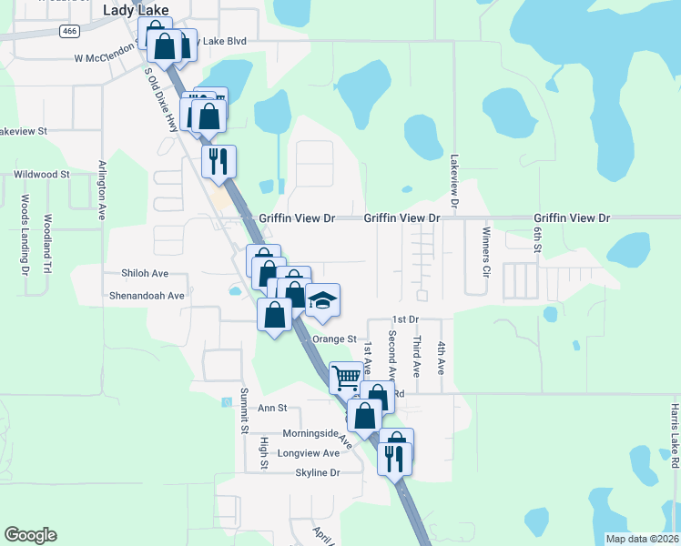map of restaurants, bars, coffee shops, grocery stores, and more near 238 Oak Hill Road in Lady Lake