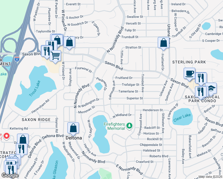 map of restaurants, bars, coffee shops, grocery stores, and more near 1566 Falmouth Avenue in Deltona