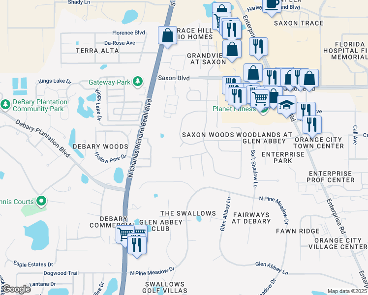 map of restaurants, bars, coffee shops, grocery stores, and more near 613 Ashwell Court in DeBary