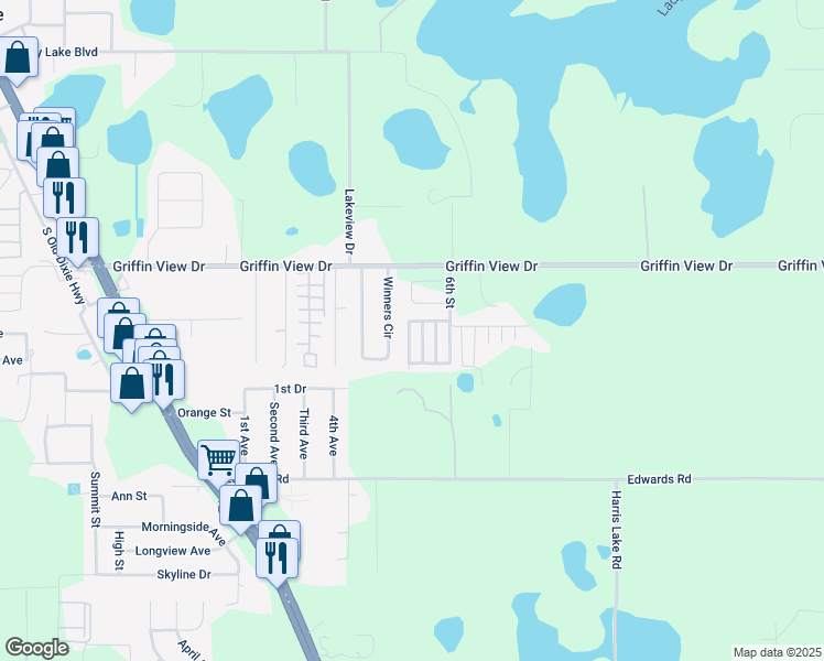 map of restaurants, bars, coffee shops, grocery stores, and more near 462 Winners Circle in Lady Lake
