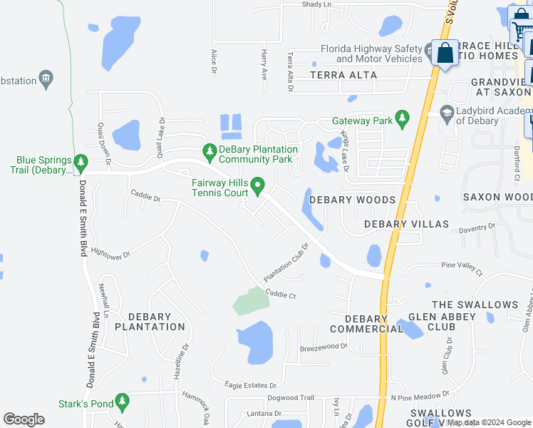 map of restaurants, bars, coffee shops, grocery stores, and more near 333 Fernhill Drive in DeBary
