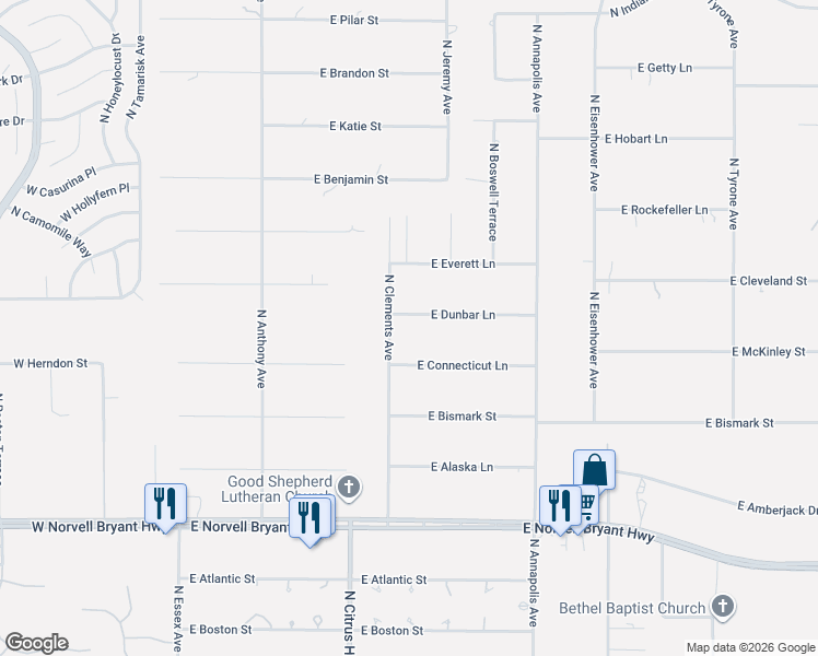 map of restaurants, bars, coffee shops, grocery stores, and more near 574 East Dunbar Lane in Hernando