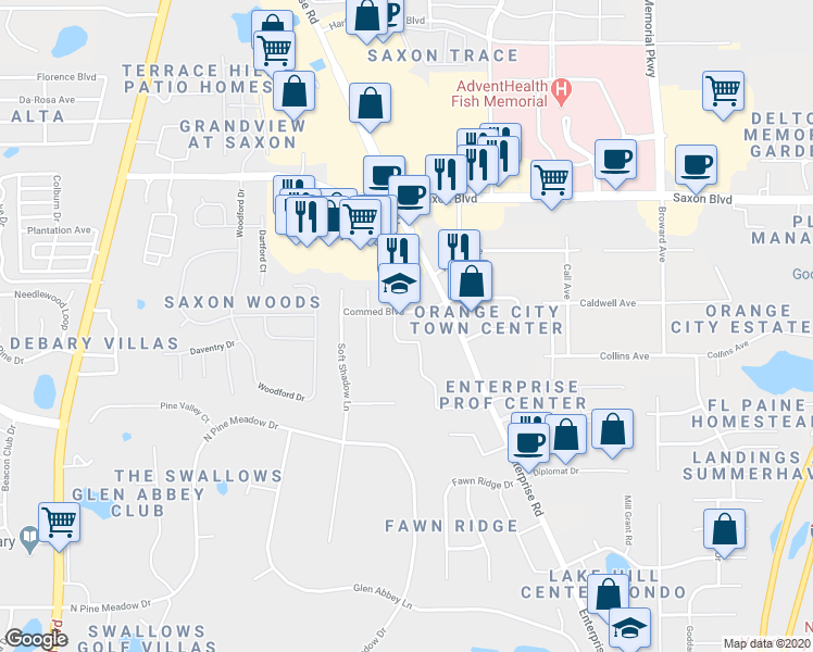 map of restaurants, bars, coffee shops, grocery stores, and more near 810 Commed Boulevard in Orange City