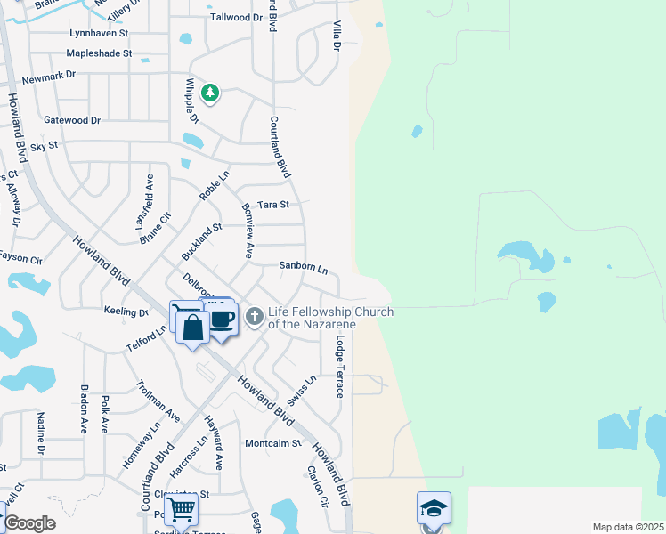 map of restaurants, bars, coffee shops, grocery stores, and more near 3432 Sanborn Lane in Deltona