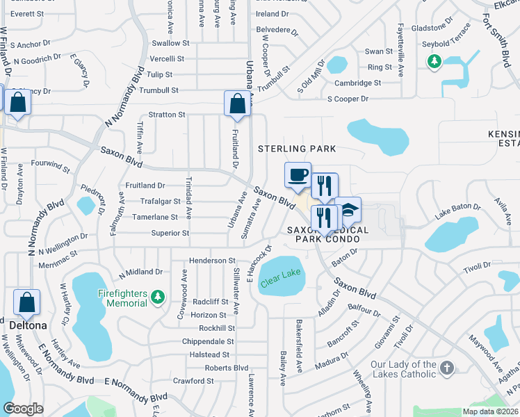map of restaurants, bars, coffee shops, grocery stores, and more near 1554 Sunbird Terrace in Deltona
