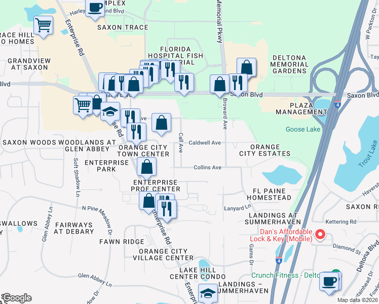 map of restaurants, bars, coffee shops, grocery stores, and more near 448 Kelly Avenue in Orange City