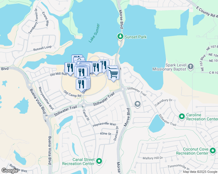 map of restaurants, bars, coffee shops, grocery stores, and more near 910 Old Camp Road in The Villages