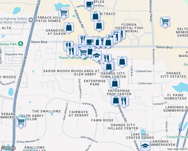 map of restaurants, bars, coffee shops, grocery stores, and more near 810 Commed Boulevard in Orange City