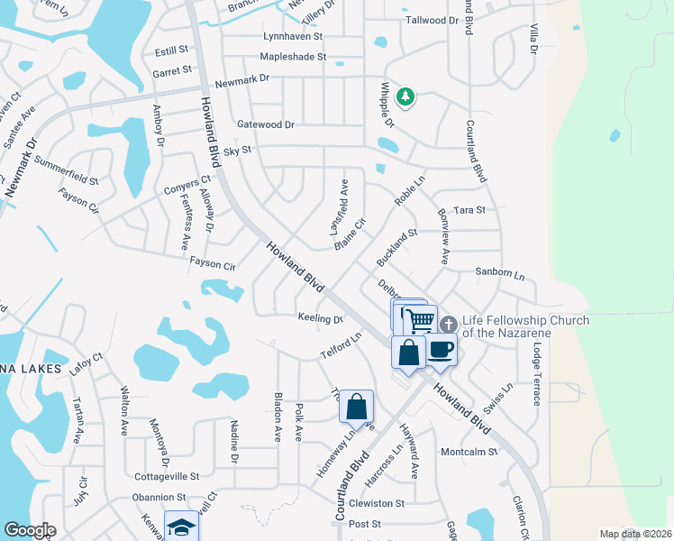 map of restaurants, bars, coffee shops, grocery stores, and more near 1509 Roble Lane in Deltona