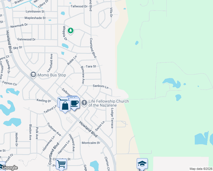 map of restaurants, bars, coffee shops, grocery stores, and more near 3432 Sanborn Lane in Deltona