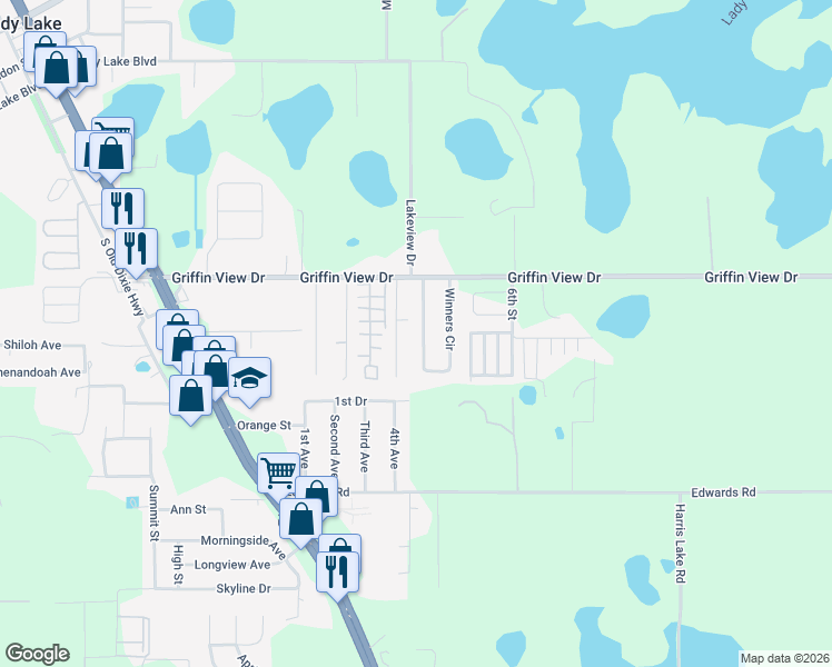 map of restaurants, bars, coffee shops, grocery stores, and more near 426 Winners Circle in Lady Lake