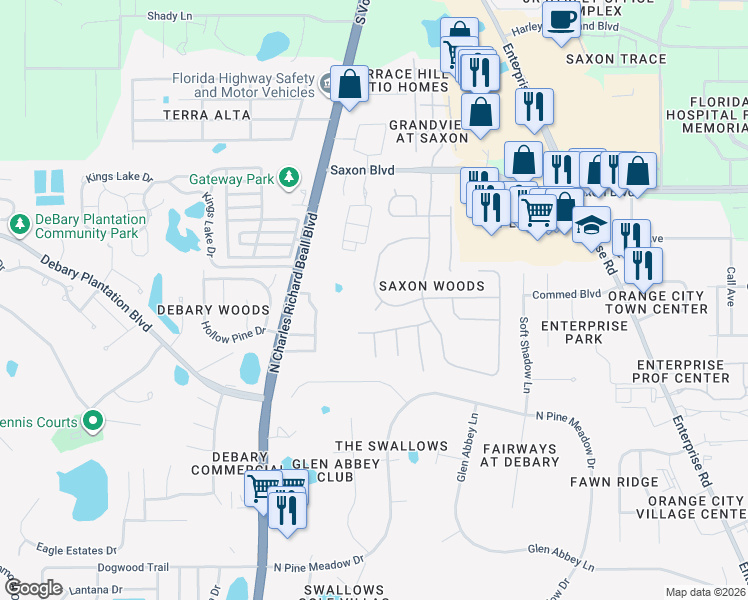 map of restaurants, bars, coffee shops, grocery stores, and more near 613 Ashwell Court in DeBary