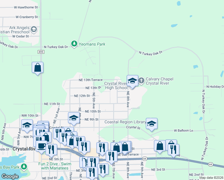 map of restaurants, bars, coffee shops, grocery stores, and more near 1206 Northeast 7th Avenue in Crystal River