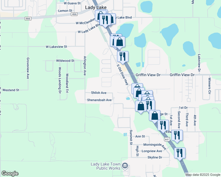 map of restaurants, bars, coffee shops, grocery stores, and more near 445 Cierra Oaks Circle in Lady Lake