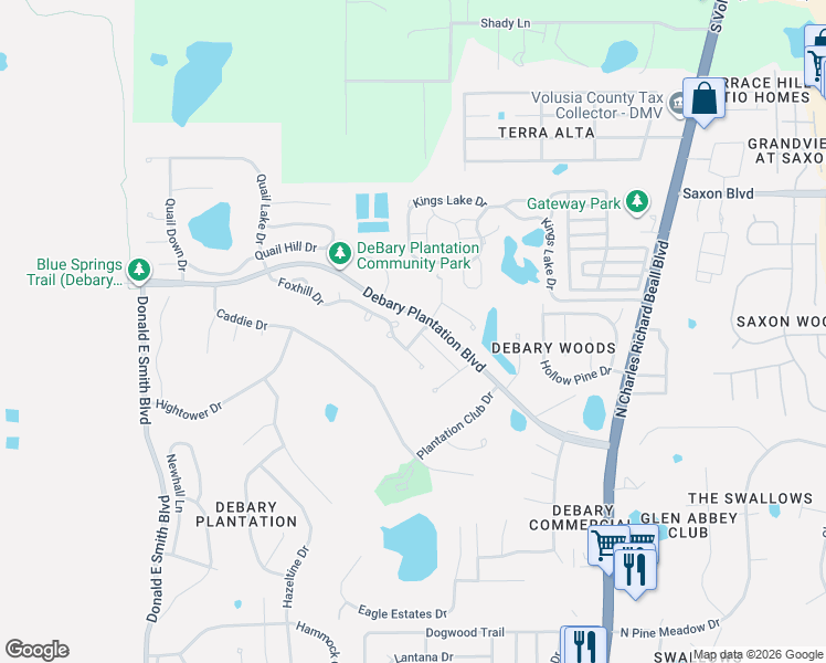 map of restaurants, bars, coffee shops, grocery stores, and more near 358 Foxhill Drive in DeBary