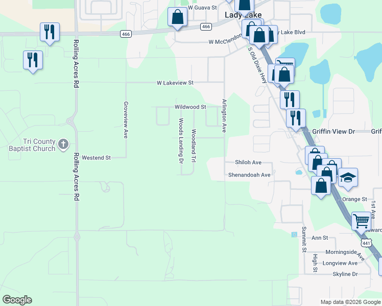 map of restaurants, bars, coffee shops, grocery stores, and more near 321 Woodland Trail in Lady Lake