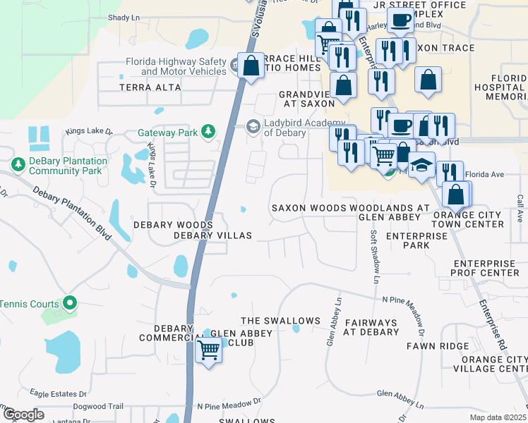 map of restaurants, bars, coffee shops, grocery stores, and more near 202 Brassington Drive in DeBary