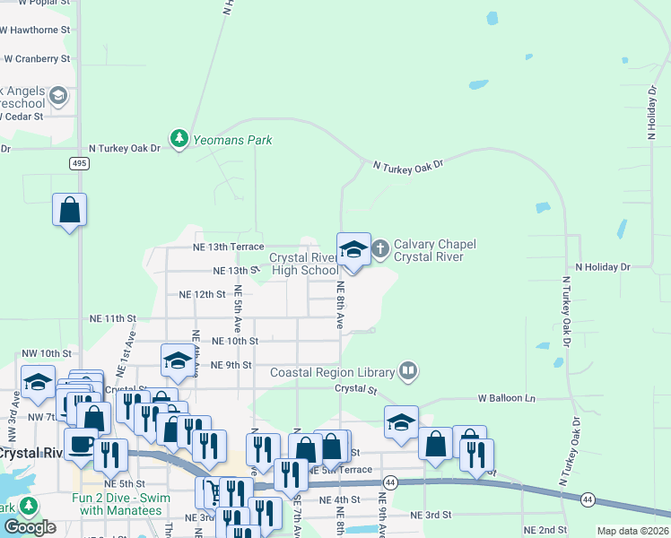 map of restaurants, bars, coffee shops, grocery stores, and more near 764 Northeast 13th Street in Crystal River
