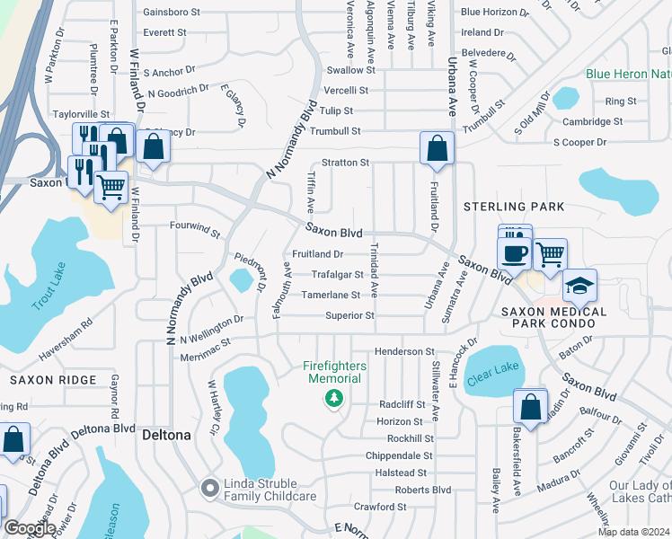 map of restaurants, bars, coffee shops, grocery stores, and more near 786 Trafalgar Street in Deltona