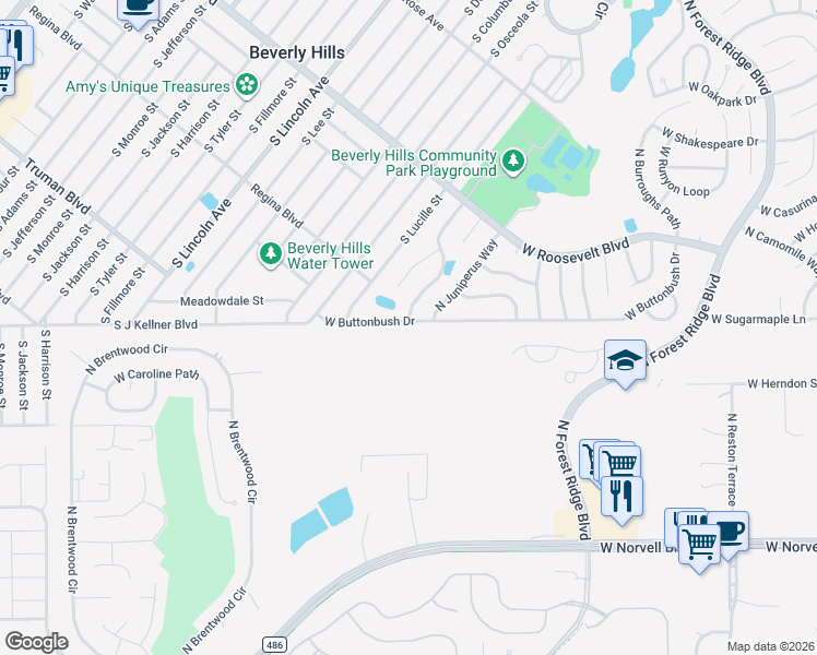 map of restaurants, bars, coffee shops, grocery stores, and more near 3065 North Maidencane Drive in Beverly Hills