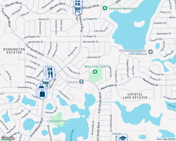 map of restaurants, bars, coffee shops, grocery stores, and more near 1859 North Merrick Drive in Deltona