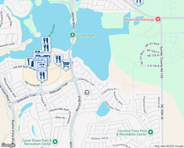 map of restaurants, bars, coffee shops, grocery stores, and more near 1075 Vance Trail in The Villages