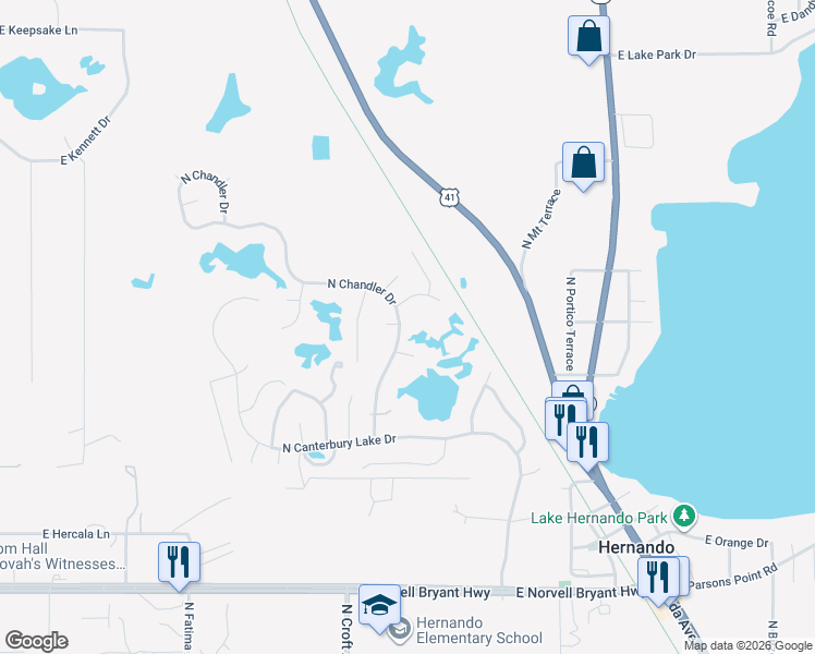 map of restaurants, bars, coffee shops, grocery stores, and more near 3059 North Chandler Drive in Hernando