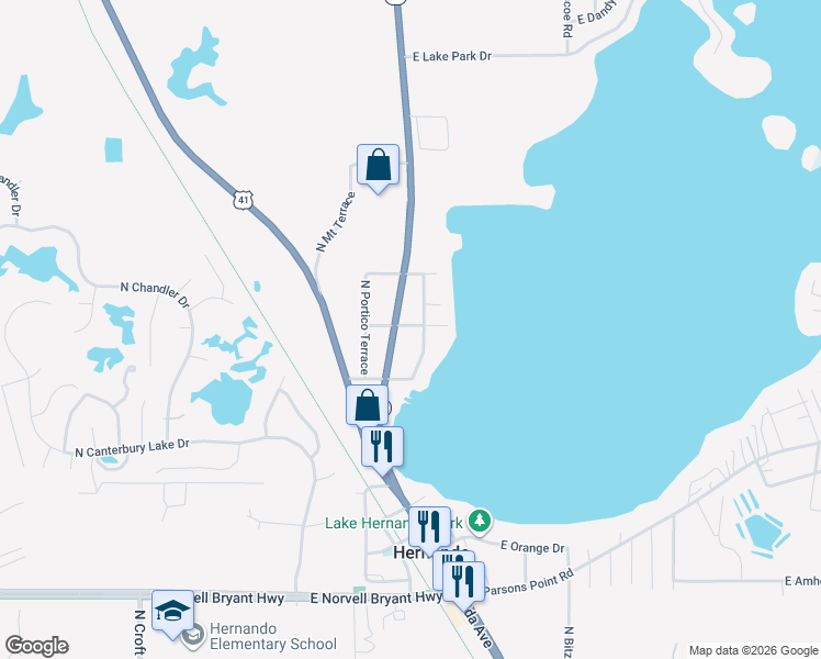 map of restaurants, bars, coffee shops, grocery stores, and more near 3106 North Aquaview Terrace in Hernando