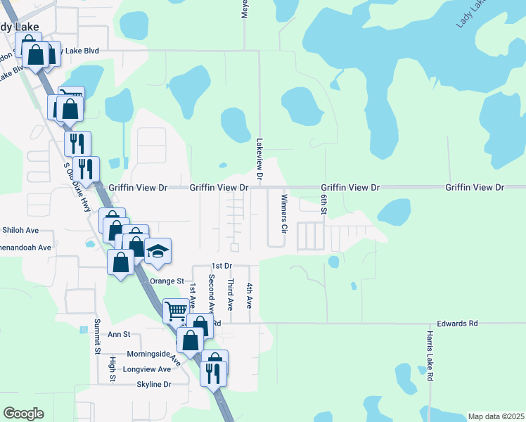 map of restaurants, bars, coffee shops, grocery stores, and more near 412 Winners Circle in Lady Lake