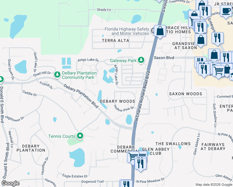 map of restaurants, bars, coffee shops, grocery stores, and more near 88 Hollow Pine Drive in DeBary