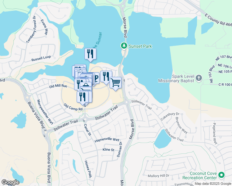 map of restaurants, bars, coffee shops, grocery stores, and more near 820 Old Camp Road in The Villages