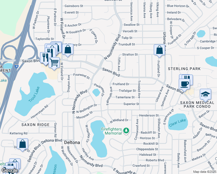 map of restaurants, bars, coffee shops, grocery stores, and more near 1600 Falmouth Avenue in Deltona
