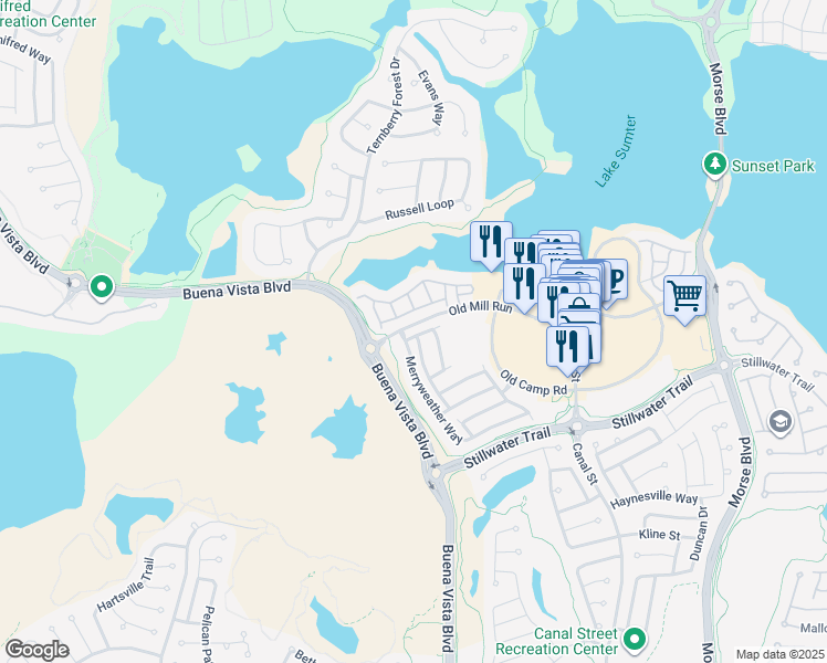 map of restaurants, bars, coffee shops, grocery stores, and more near 1211 Black Water Drive in The Villages