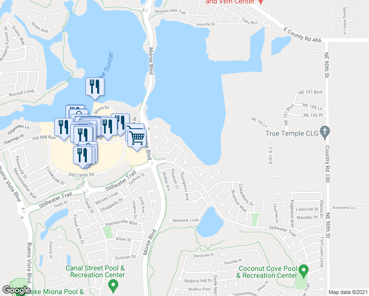 map of restaurants, bars, coffee shops, grocery stores, and more near 1075 Vance Trail in The Villages
