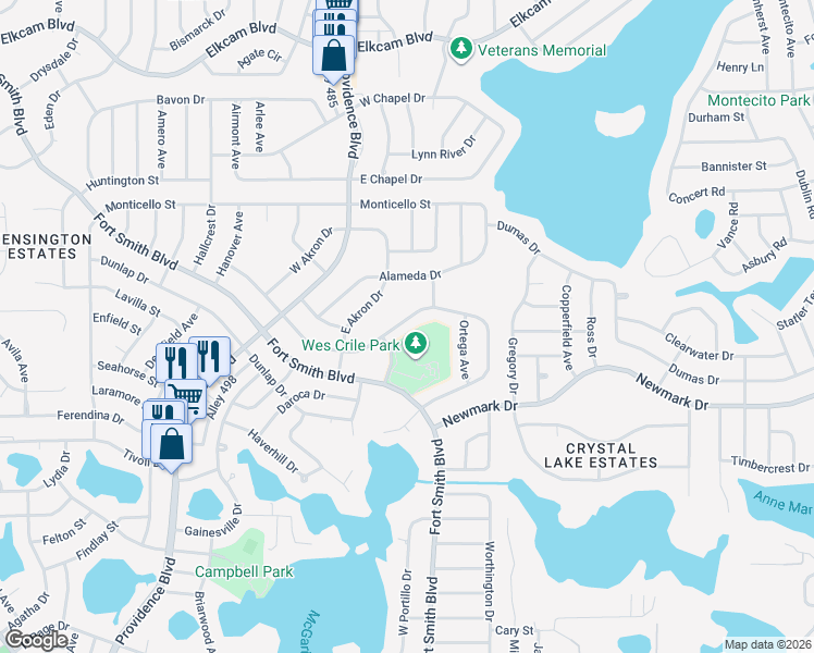 map of restaurants, bars, coffee shops, grocery stores, and more near 1873 North Merrick Drive in Deltona