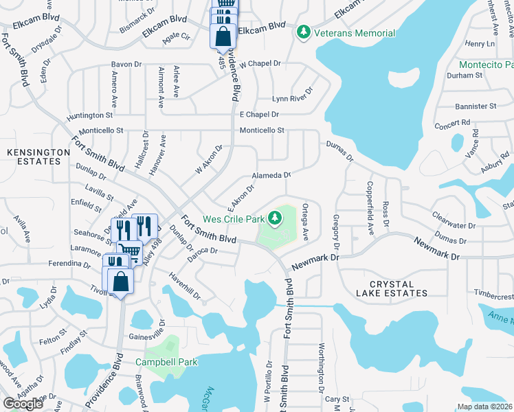 map of restaurants, bars, coffee shops, grocery stores, and more near 1873 North Merrick Drive in Deltona