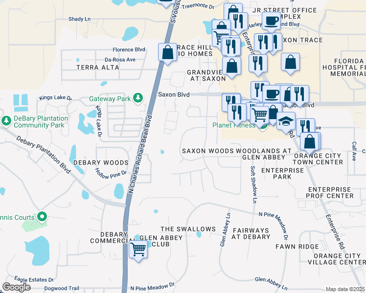 map of restaurants, bars, coffee shops, grocery stores, and more near 173 Brassington Drive in DeBary