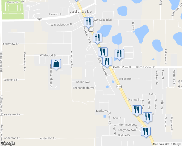 map of restaurants, bars, coffee shops, grocery stores, and more near 409 Bay Oak Lane in Lady Lake